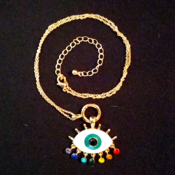 Bead Landing Jewelry - NWOT-Gold-Plated Hamsa Evil Eye Necklace with Rainbow Jewels